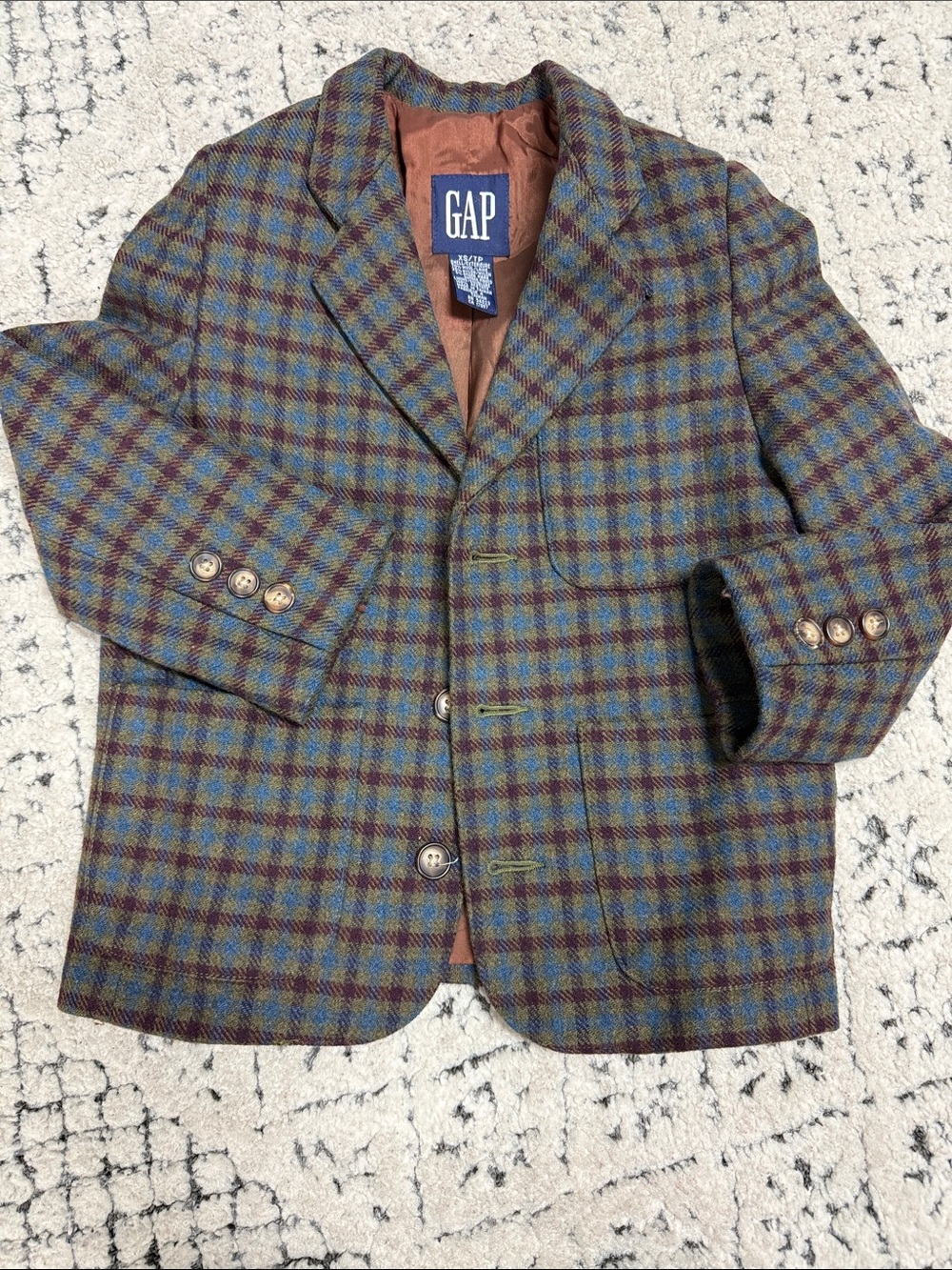 GAP Kids's Blue and Green Plaid Wool-Blend Blazer